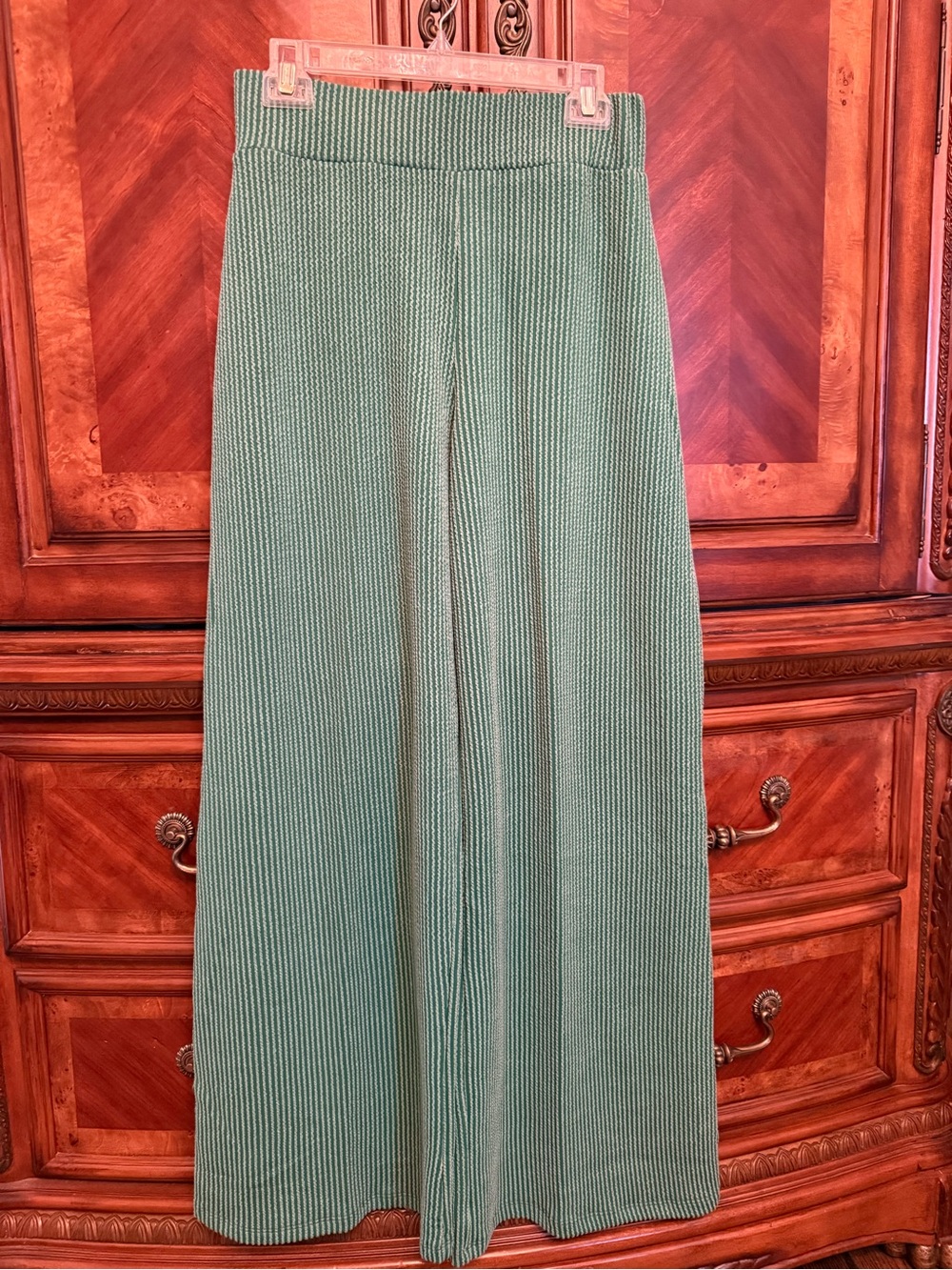 Two Pc Set Zenana Mint Green and Dark Green Ribbed Mock Neck Lounge Set - Picture 3 of 4